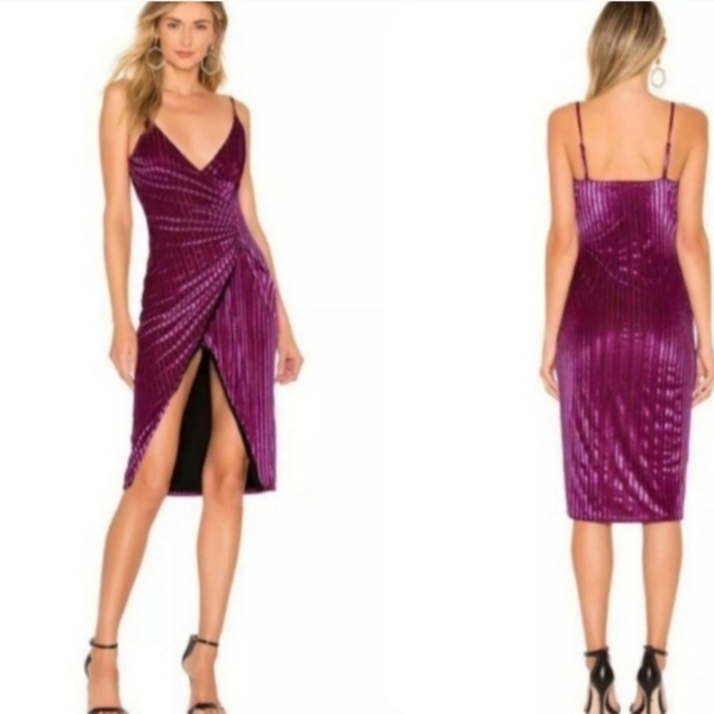 HOUSE OF HARLOW 1960 REVOLVE SIZE XL MAGENTA BLACK STRIPED VELVET WRAP DRESS NWT